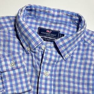 Vineyard Vines Classic Fit Linen Murray Shirt Mens L Blue Purple Plaid Whale